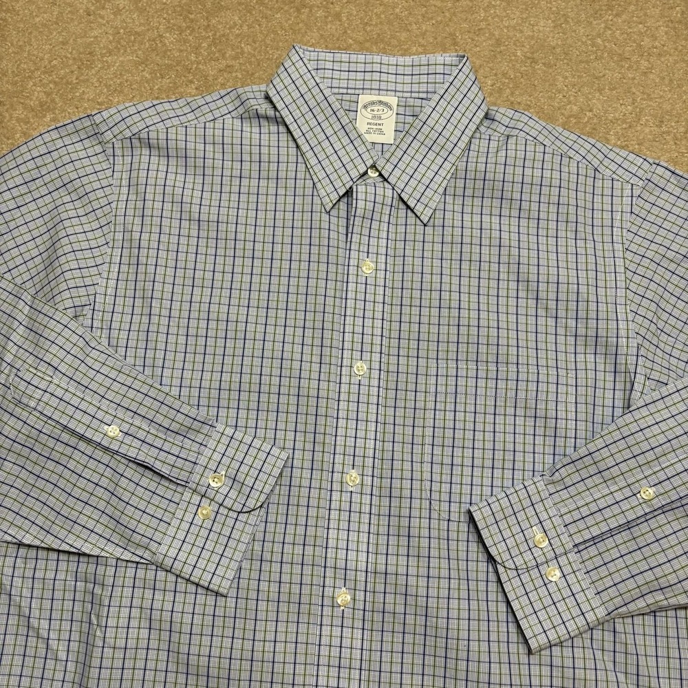 Brooks Brothers Shirt Mens 16.5 Large Regent Blue Green Check Non-Iron LS Dress